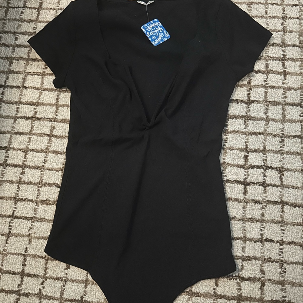 Free People Black V neck Bodysuit with Twist Front